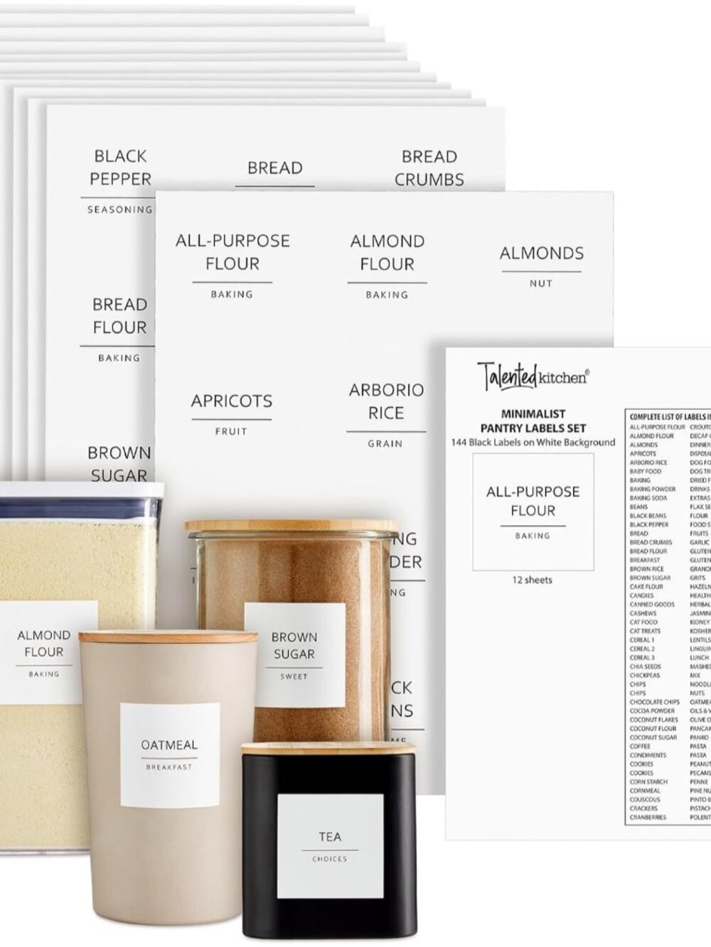 Pantry Labels for Containers - 144 Matte Vinyl Stickers, 2.5 x 2.5 in, Black on